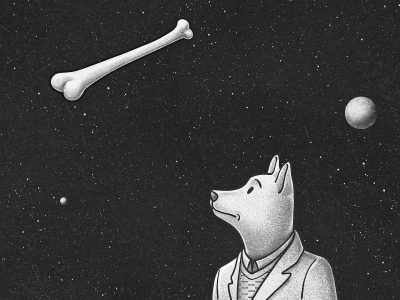 Ilustración de un perro mirando un hueso en el espacio, metáfora de la rumiación mental.
